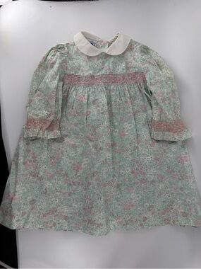 Vtg Hartstrings Girls Smocked Floral Dress Size 5 Green Peter Pan Collar USA